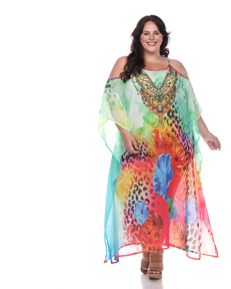 Front of a model wearing a size One Size Sheer Caftan Maxi Dress in Red Cheetah by White Mark. | dia_product_style_image_id:257155